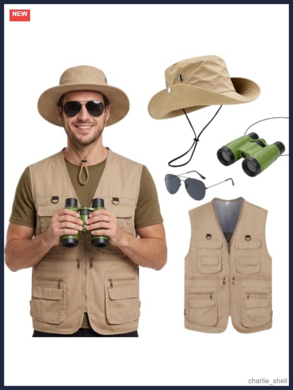 Men's Safari Costume Kit with Hat, Vest, Sunglasses & Binoculars Outdoor
